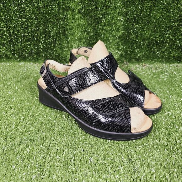 Finn Comfort Djerba Adjustable Black Lizard Leather Sandals Womens UK 5 US 7 - Picture 1 of 9